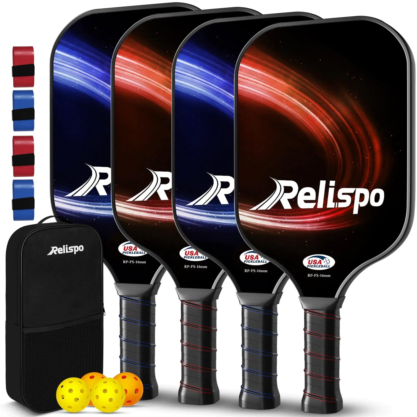 Respell Pickleball Set 4 USAPA Approved Fiberglass Surface Honeycomb Core Rackets Indoor & Outdoor Balls Carry Bag & Grip tape Gifts for Beginners & Pros